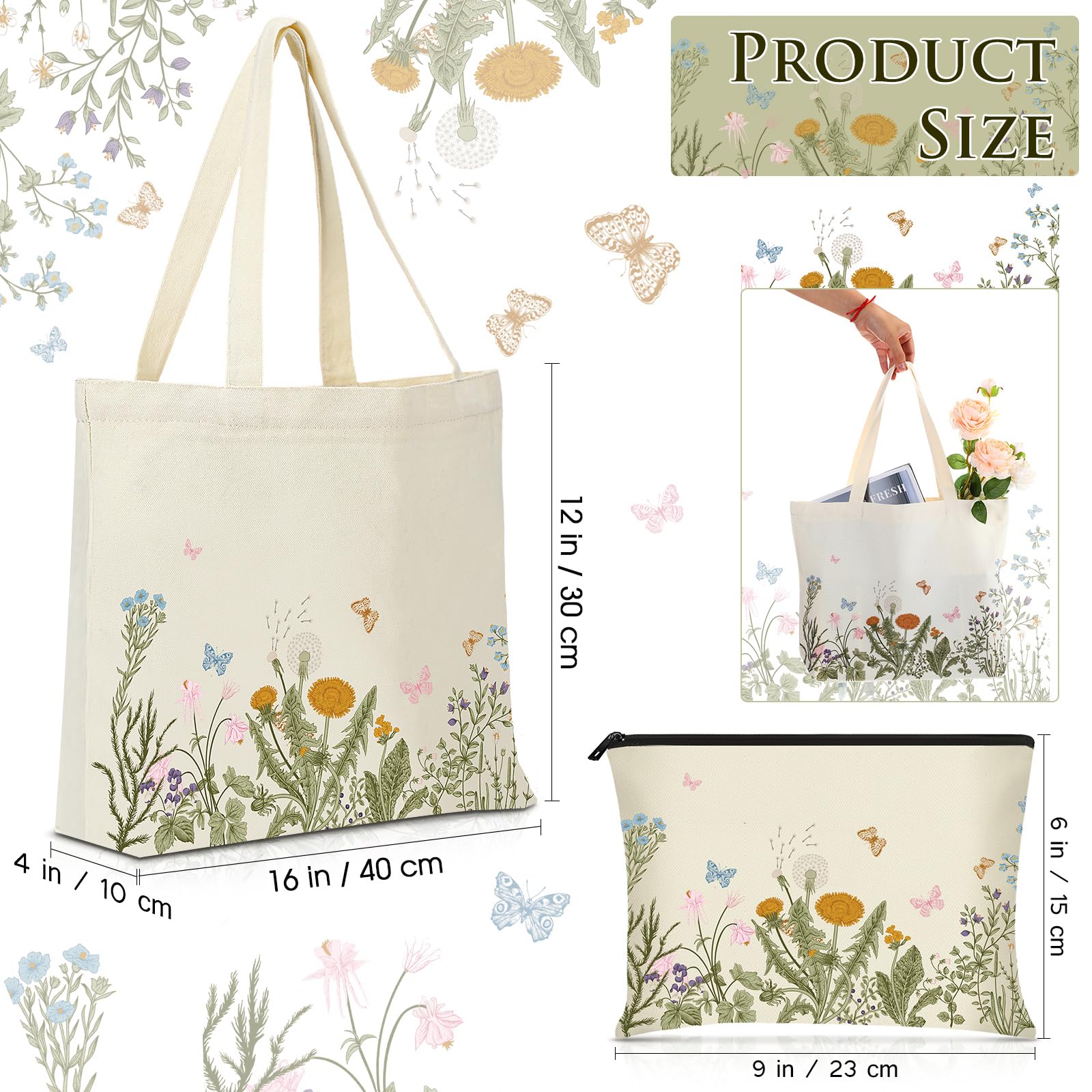 Sadnyy 2 Pcs Wildflower Canvas Tote Bags For Women Cute Aesthetic Floral Makeup Bags Valentine Gift For Teacher Coworker Travel